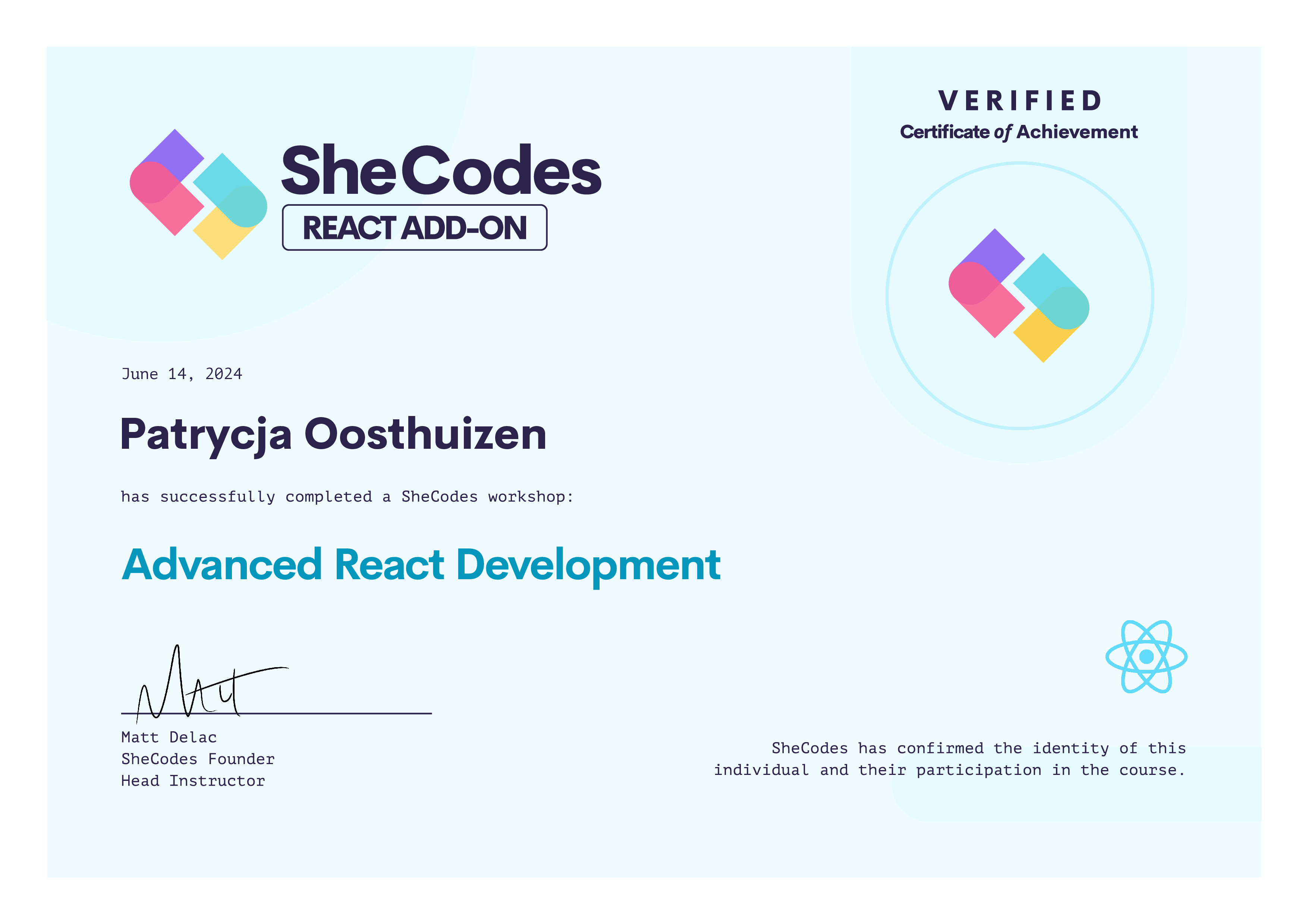 Patrycja's Advanced React development certificate